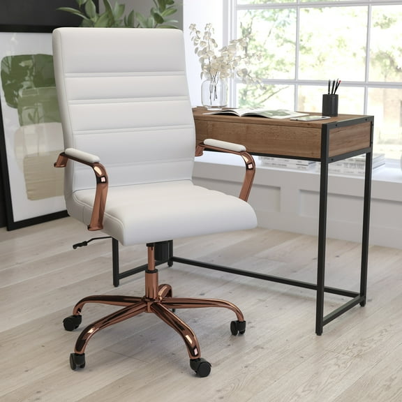 Merrick Lane Contemporary High-Back White Faux Leather Home Office Chair with Padded Rose Gold Arms