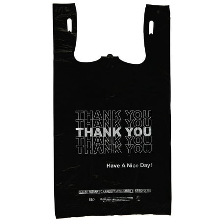 Vary You Versatile Bag Plastic Bag- Economy 'Thank You' Silver Print Black T Shirt Bag 11.5