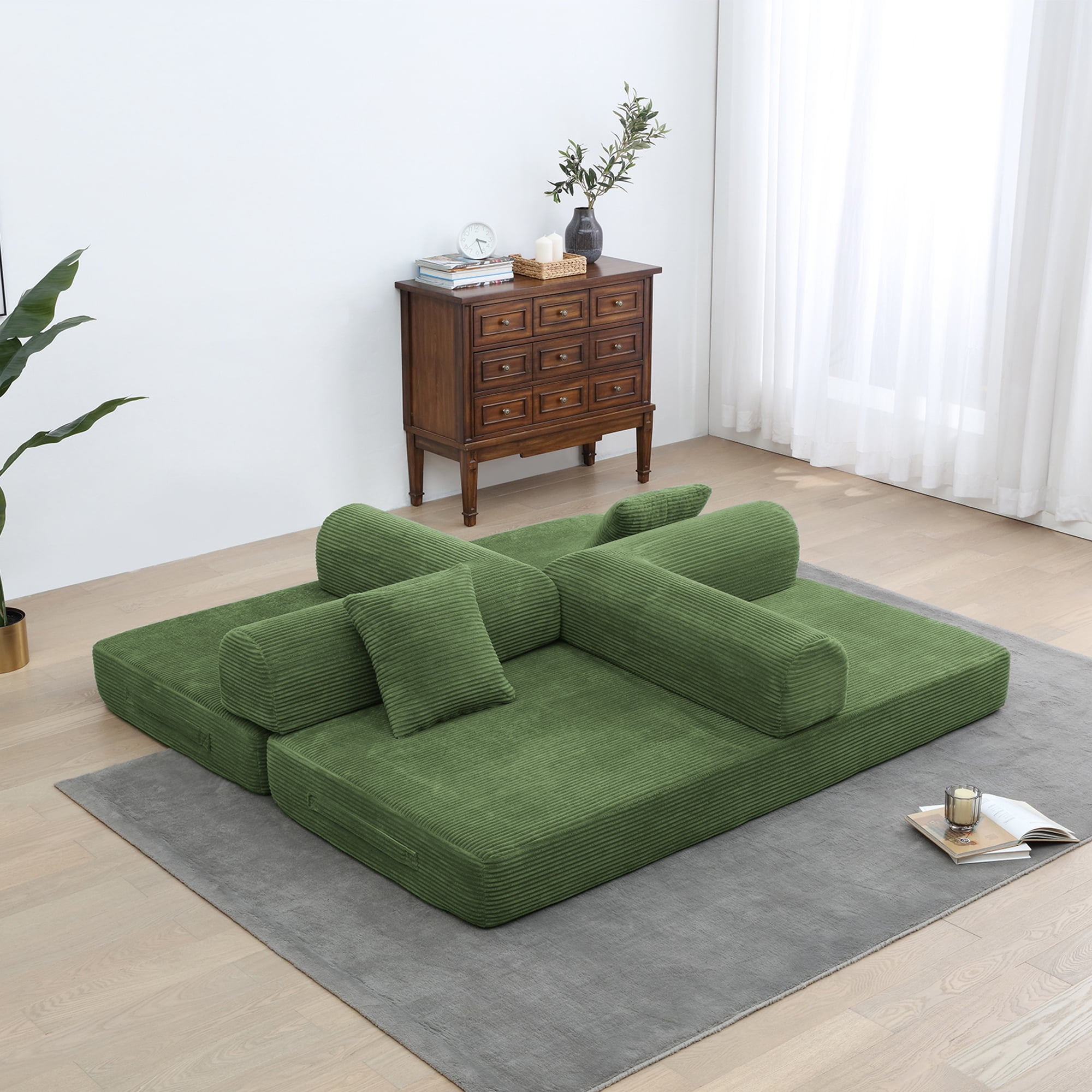 Miniyam Convertible Sleeper Sofa Bed with Cylindrical Pillow - Corduroy Folding Mattress Couch with Fixed-Shape Frame for Living Room, Bedroom, Lounge, Studio - Olive Green