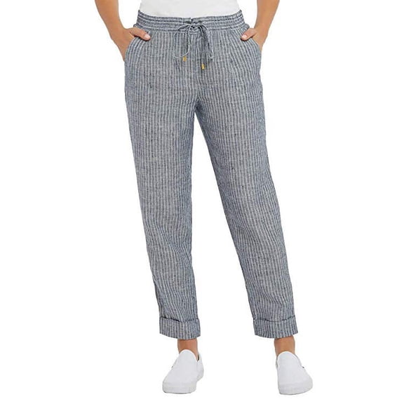 Adrienne Vittadini Ladies' Pull-On Linen Ankle Pants, XXL, Blue Combo - NEW