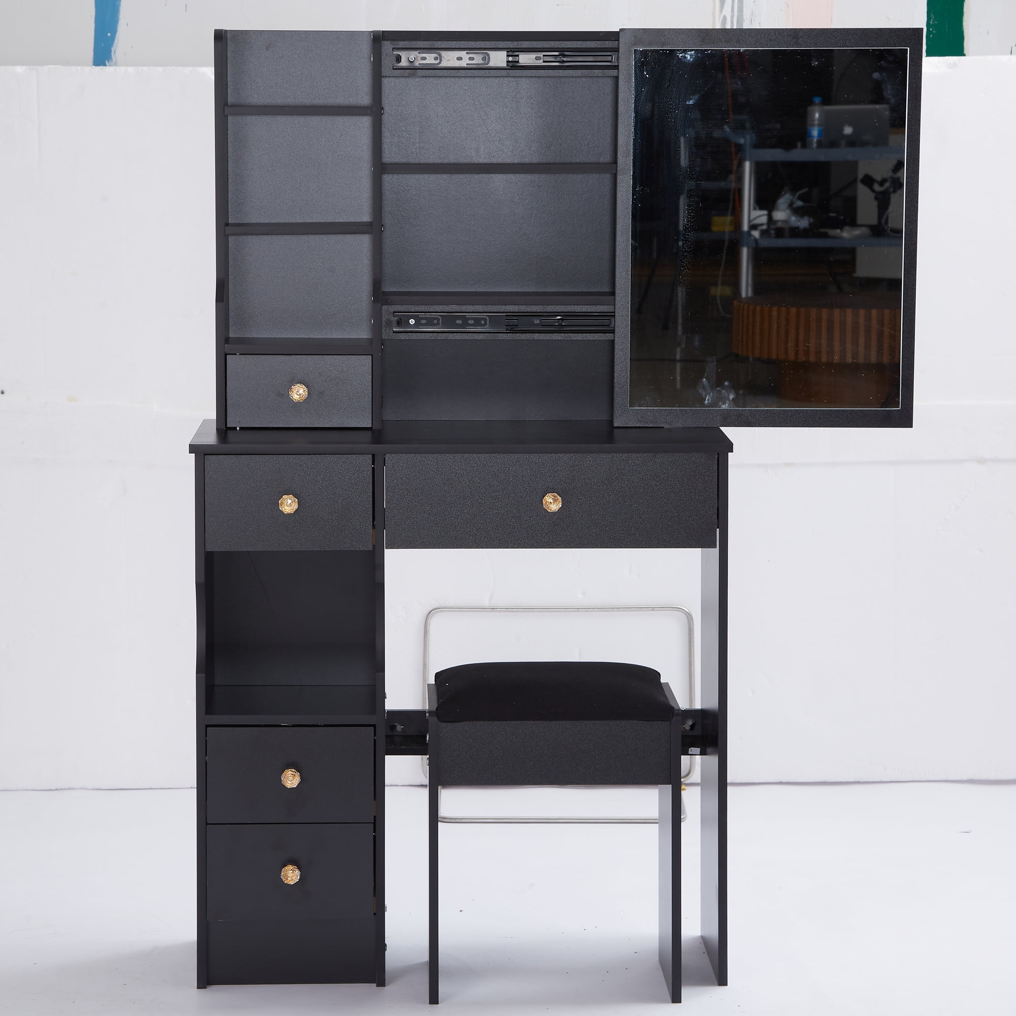 Kadyn Vanity Desk with 5 Drawers, Makeup Vanity Table with Extra Large Right Sliding Mirror, Dressing Table Makeup Desk for Small Space, Black