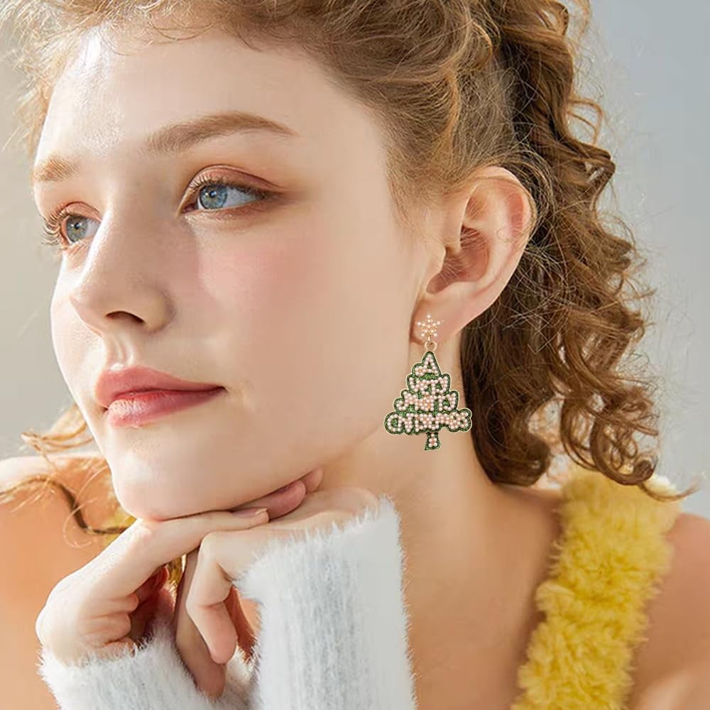 Green Professional Grade Christmas Tree Earrings Elegant Pearl Xmas Drop Earrings for Women[n360]