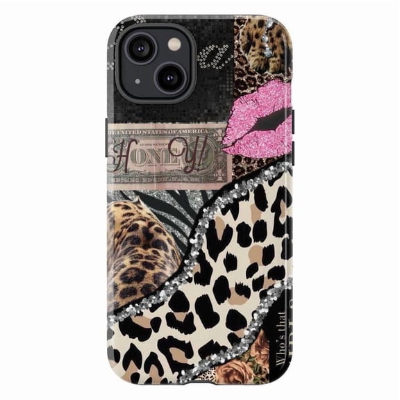 Glam Leopard Print Money Lip Phone Case, Sparkly Glitter Animal Pattern iPhone Cover for iPhone 17 16 15 14 13 12 11 Pro Max Plus Mini