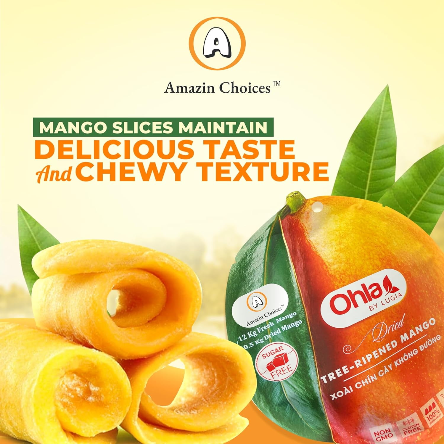 (5 pack) Amazin Choices Dried Tree-Ripened Mango Slices, Sugar-Free, Vegan, Gluten-Free, Fruit Snack, 7.05 oz