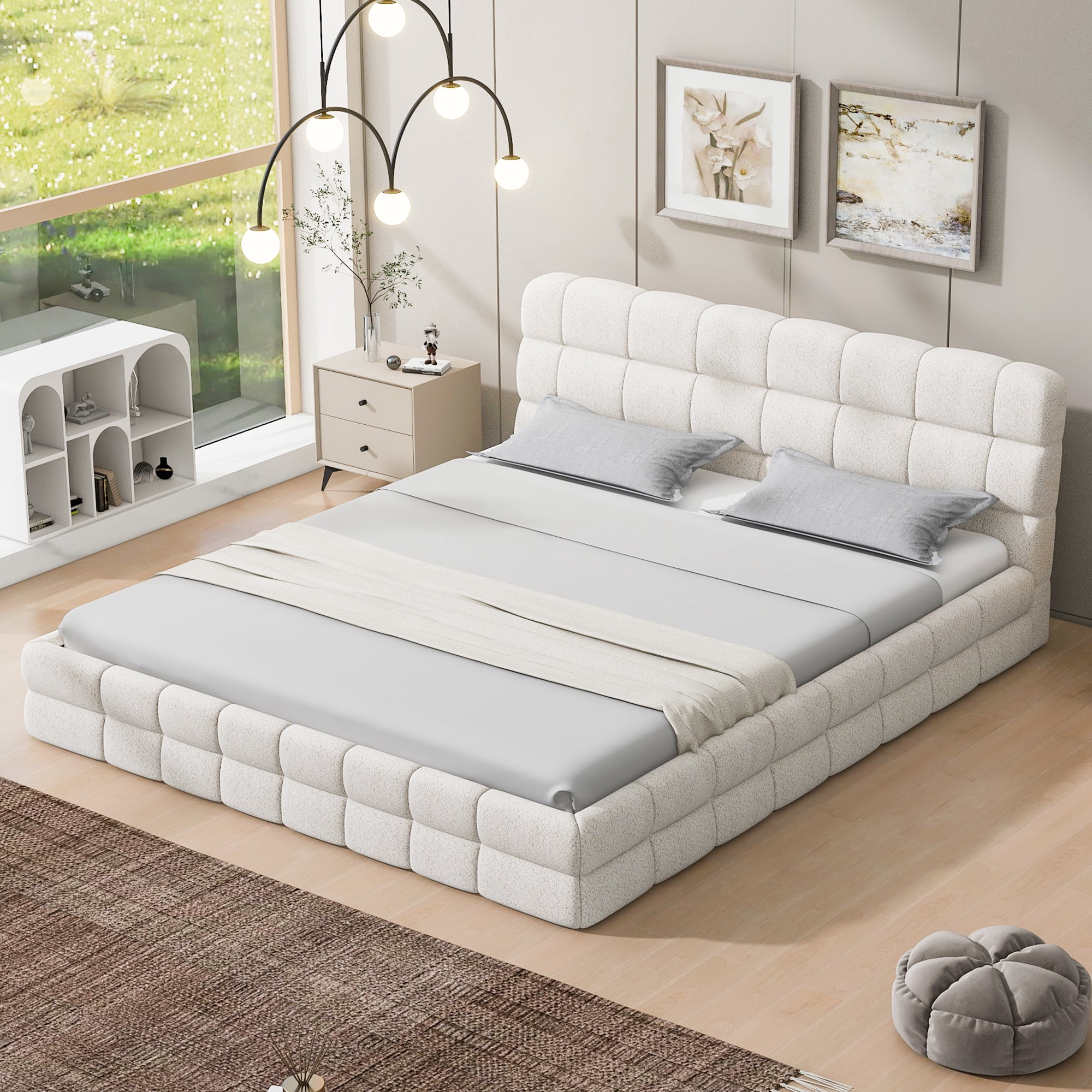 Euroco Upholstered Queen Size Platform Bed with Tuft Headboard, White