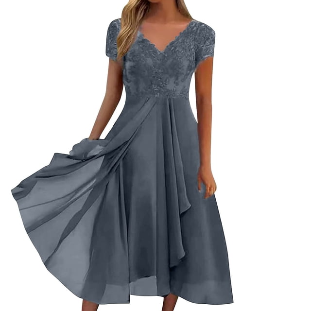 FYEGRE Robes Formelles pour Femmes Invitées de Mariage avec Fente Cocktail Élégante Dentelle Longue Robe de Bal Gris m