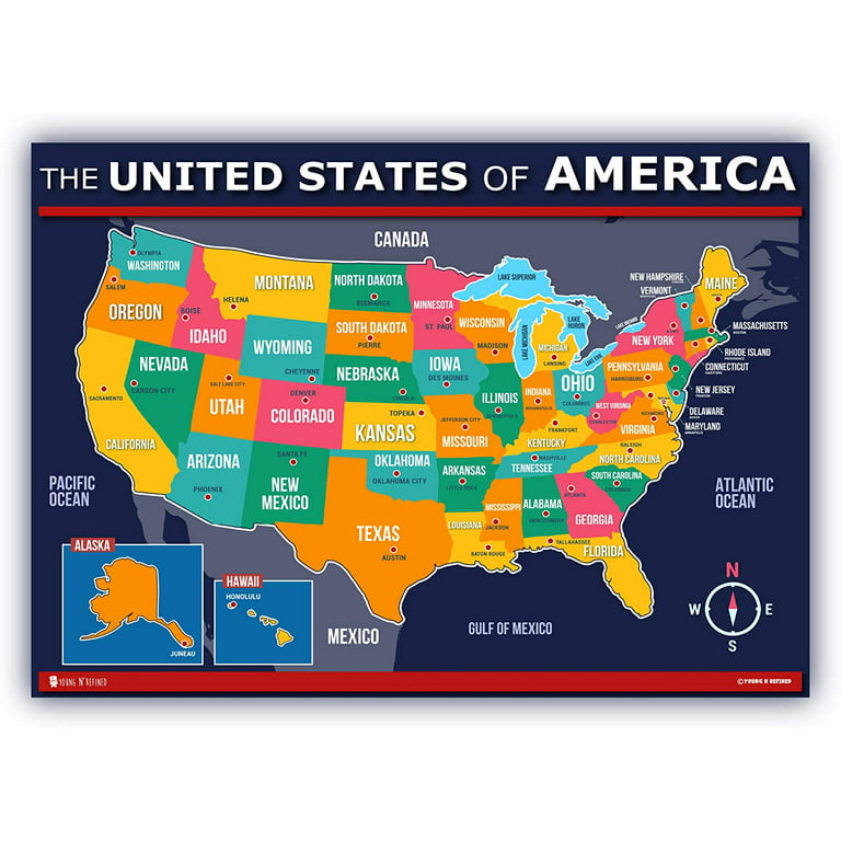 Map Of Usa For Kids (24X30) Poster 50 States And Capitals Laminated Extra  Large Young N Refined - Walmart.Com