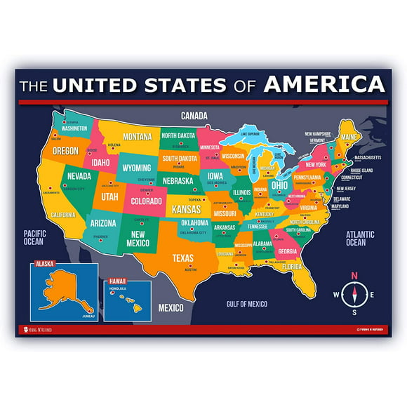 Map of USA for kids (18x24) LAMINATED 50 states and capitals Large Poster Young N Refined