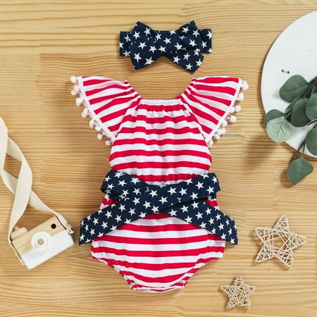 

Hunpta Infant Girls Tassels Fly Sleeve Independence Day Stars Striped Printed Romper Newborn Bowknot Bodysuits Headbands