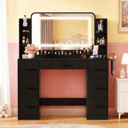 Furmax Makeup Vanity Desk with LED Mirror, Modern Vanity Table Set with Storage & Power Outlet for Bedroom & Dressing Room, Black