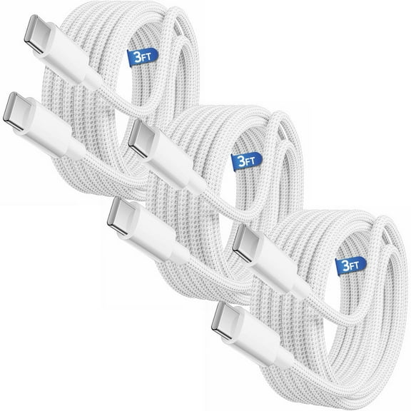 Afflux (3 Pack) 60W USB-C Fast Charger Cable Data Sync Charging Woven Braided Type C Cord Compatible with iPhone 17 / 16 / 15 Pro Max Plus Air, iPad, AirPods, Samsung Galaxy S25 S24 S23, 3ft, White