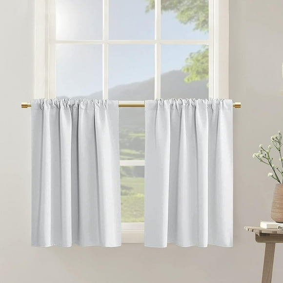 AIR-Short Blackout Curtains for Kitchen Thermal Insulated Greyish White Set 2 Pack Rod Pocket Sun Blocking Tiny Small Half Curtain for Bathroom Window RV Camper Patio 36 Inch Length