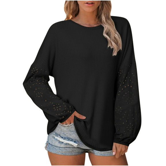 Women's Long Sleeve Shirts Fashion Spring Waffle Solid Color Top Loose Round Neck Lace Hollow Sleeve Blouses Casual Pullover Tunic Tops Black L