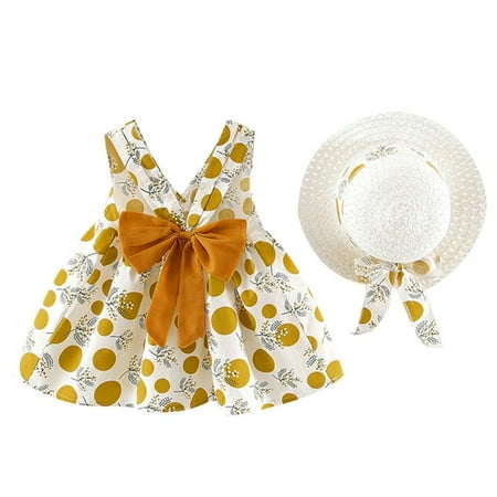 

kpoplk Girls Dresses Toddler Baby Dot Print Hat Princess Kids Girl Dresses Strap Bow Sleeveless Girls Toddler Dress(Yellow 100)