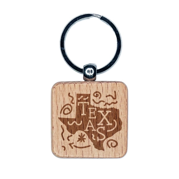 Texas State with Text Swirls Square Keychain Charm Tag - Engraved Wood