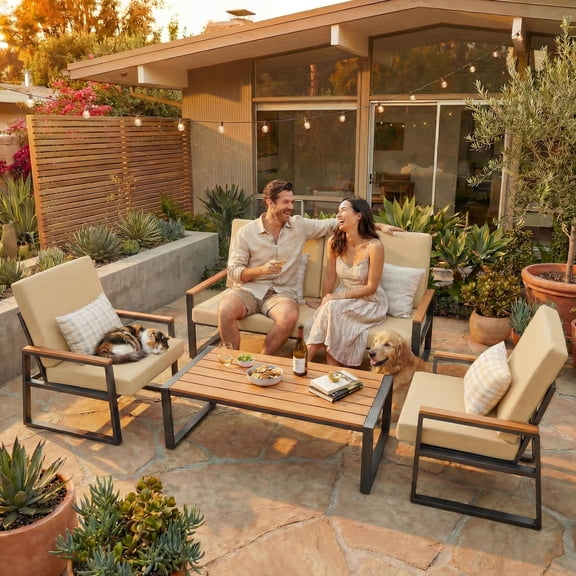 Lofka 4-Piece Outdoor Patio Furniture Set, Metal Conversation Set with Coffee Table & Removable Cushions, Weather Resistant for Yard Poolside, Beige