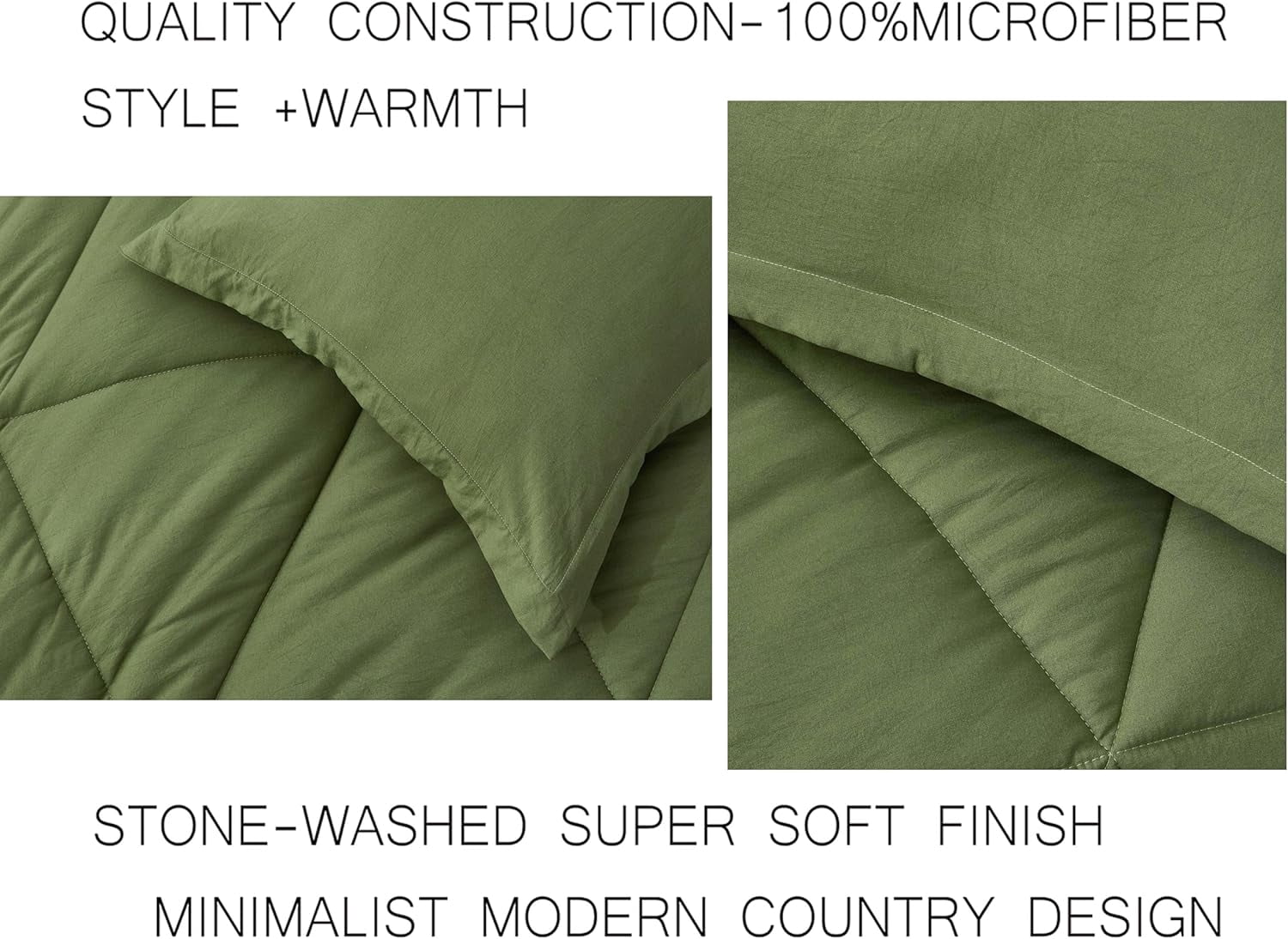 Chezmoi Collection Rory Olive Green Comforter Set Oversized Queen Size 3-Piece Fluffy Soft Lightweight Bedding Triangle Quilted Stone-Washed Microfiber Comforter Set for All Season