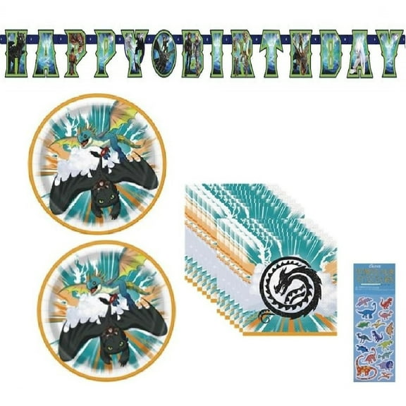 How to Train Your Dragon Birthday Party Supplies Bundle Set includes 16 Lunch Plates 9", 16 Lunch Napkins 6.5", 1  Birthday Jointed Banner, 1 Dinosaur Sticker Sheet - Serves 16
