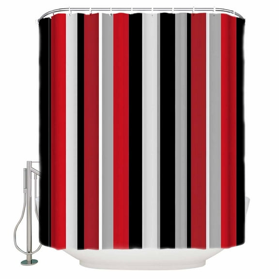 Extra Long Shower Curtain 72x84 Inch, Red Black Shower Curtain Waterproof Bathroom Decor Grey White Geometric Vertical Stripes Fabric Bath Curtain Set Accessories with Hooks