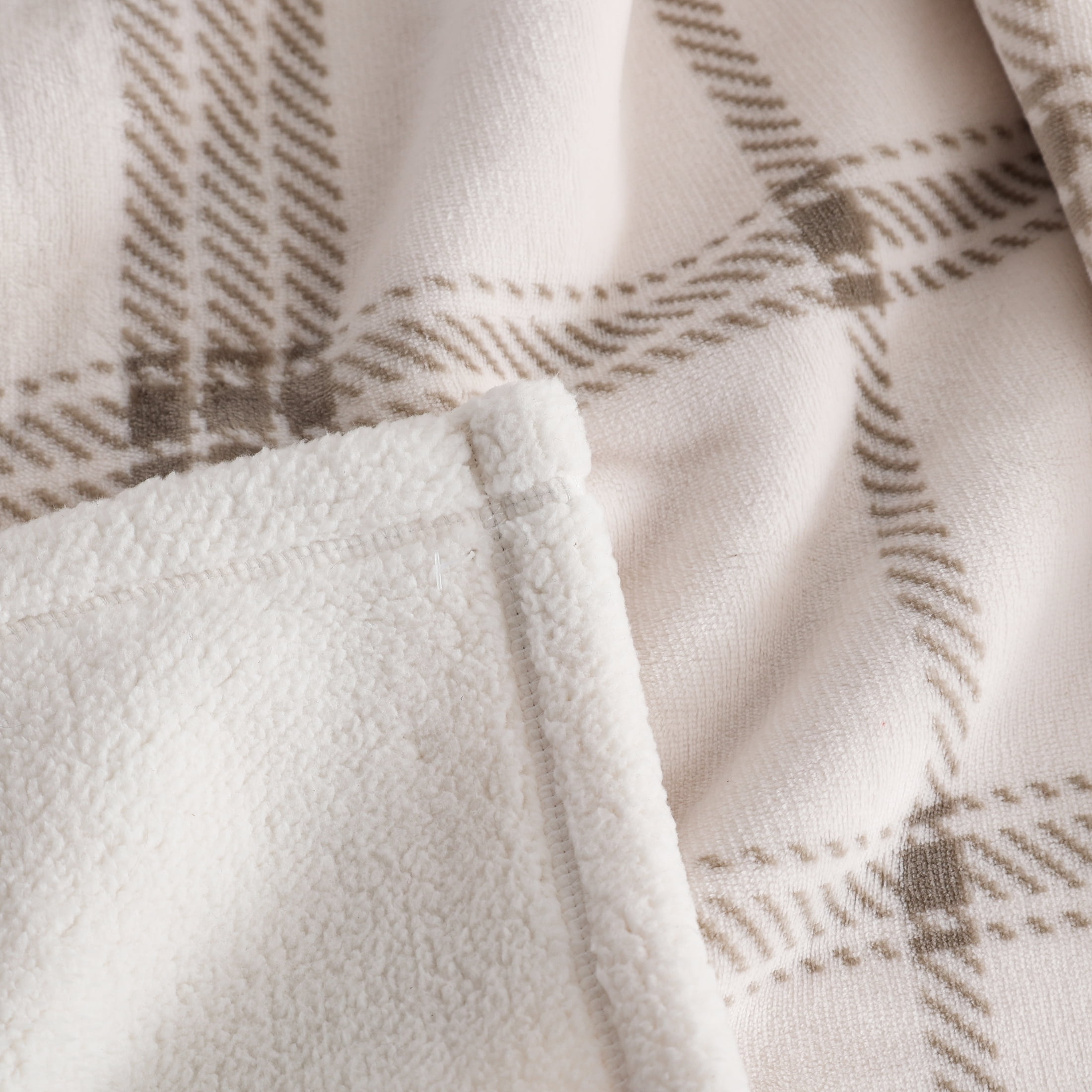 Mainstay Reversible Velvet Plush And Faux Shearling Throw Blanket, Beige Plaid, Standard