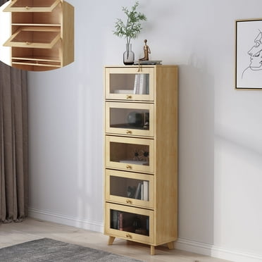 BALANBO Solid Wood Display Cabinet with Glass Doors, 5-Tier Shelf for Collectibles, Natural Finish