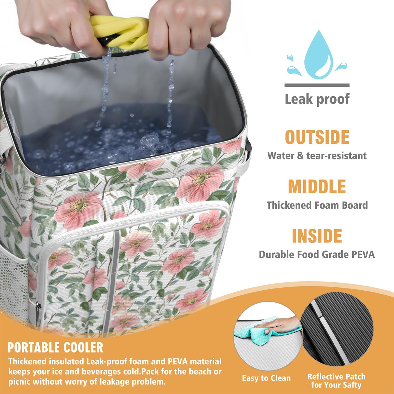 Travel Cooler Bag - Pioneer Flower Floral Print Pattern Camping Beer Cooler Backpack with Bottle Opener- Waterproof Insulated Picnic Backpacks - Cooler Bag for Beach