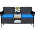 thumbnail image 2 of Vineego Outdoor Patio Loveseat Black Wicker 2-Seat Patio Conversation Set with Cushions & Center Storage Table，Blue, 2 of 7