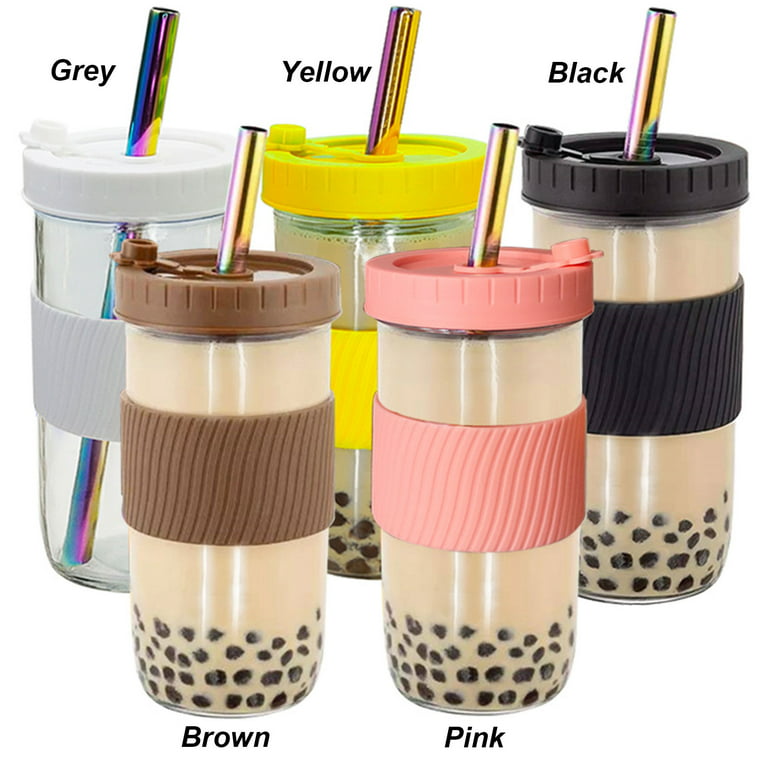 Reusable Boba Cup Bubble Tea Cup 2 Pack, 24Oz Wide Mouth Smoothie Cups with  Lid, Silicone