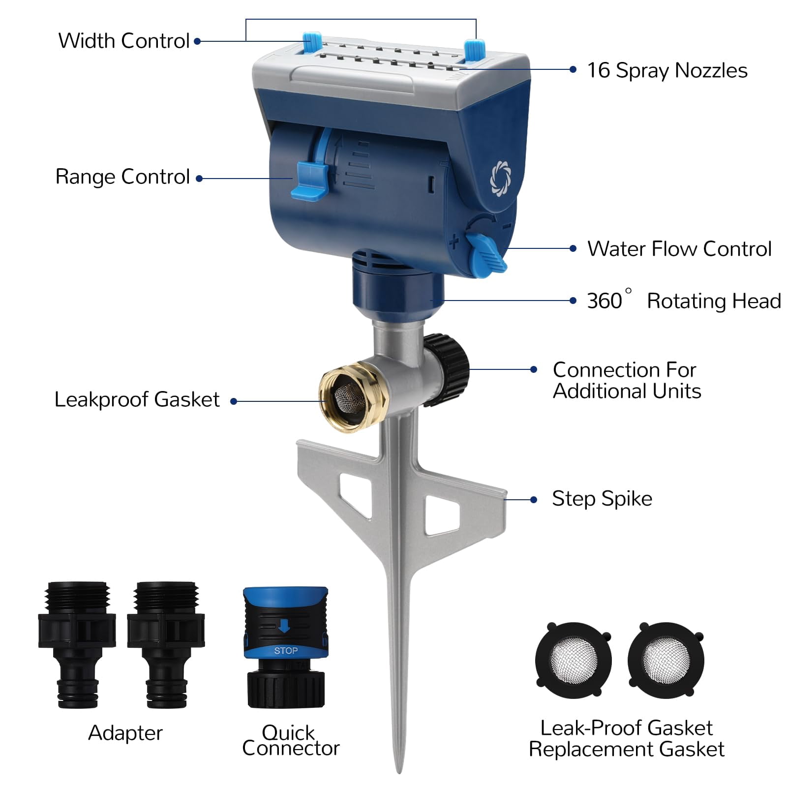 Oscillating Sprinkler With Metal Step Spike And Quick Connect Adapter Set  Control Watering Range Width Flow Rate Covers Up To 4 069 Sq.ft. Blue