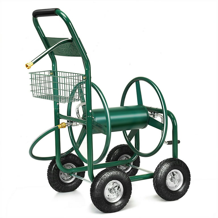 Costway Garden Rolling Cart Heavy Duty with Steel Water Hose Holder with Basket Green