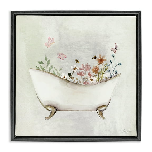 Stupell Industries Butterfly Floral Bath Typography Painting Black Floater Framed Canvas Art Print Wall Art, 18 x 18