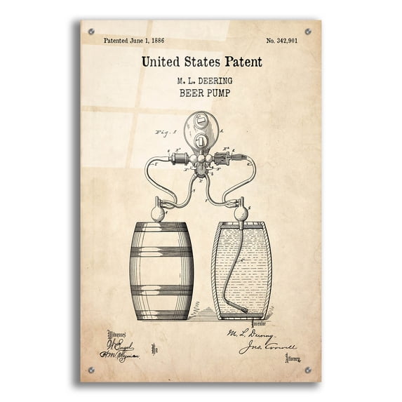 Epic Art 'Beer Pump Blueprint Patent Parchment,' Acrylic Glass Wall Art, 24"x36"