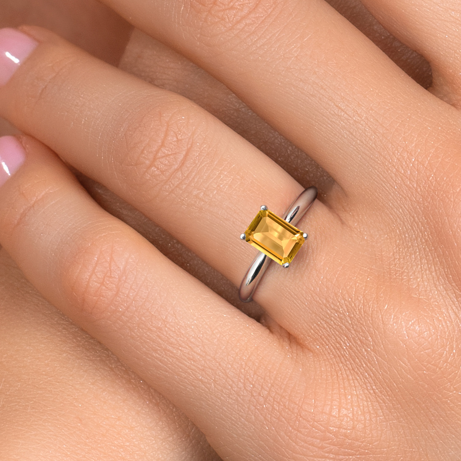 Gem Stone King 14K White Gold Yellow Citrine Solitaire Engagement Ring for Women | 1.65 Cttw | Emerald Cut 8X6MM | Gemstone November Birthstone | Size 7