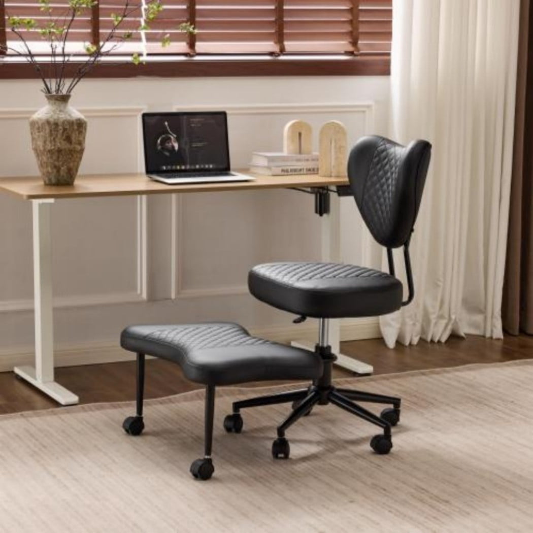 Meditation Chair, Ergonomic Cross Legged Office Chair with Lumbar Support, Height Adjustable Seat Cushion, 360° Swivel Casters, Black