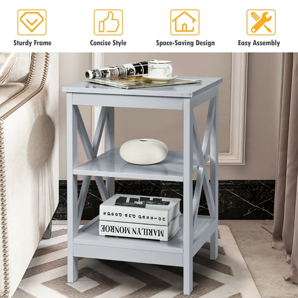 Finihen End Table, 3-Tier Nightstand End Table with X Design Storage, Bed Side Tables, for Living Room, Bedroom, Gray Finihen End Table, 3-Tier Nightstand End Table with X Design Storage, Bed Side Tables, for Living Room, Bedroom, Gray