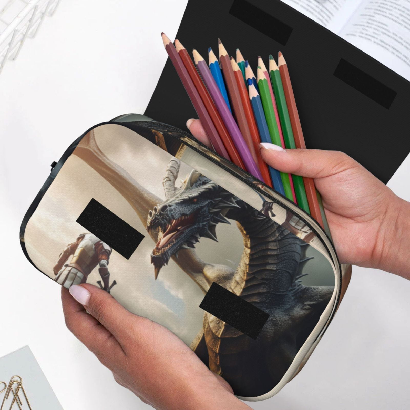 Rateoe Swordsman Cool Dragon Pattern Double Clamshell Pen Case, Storage Organizer with Two Zipper Compartments– Holds Up to 50 Pencils & Pens