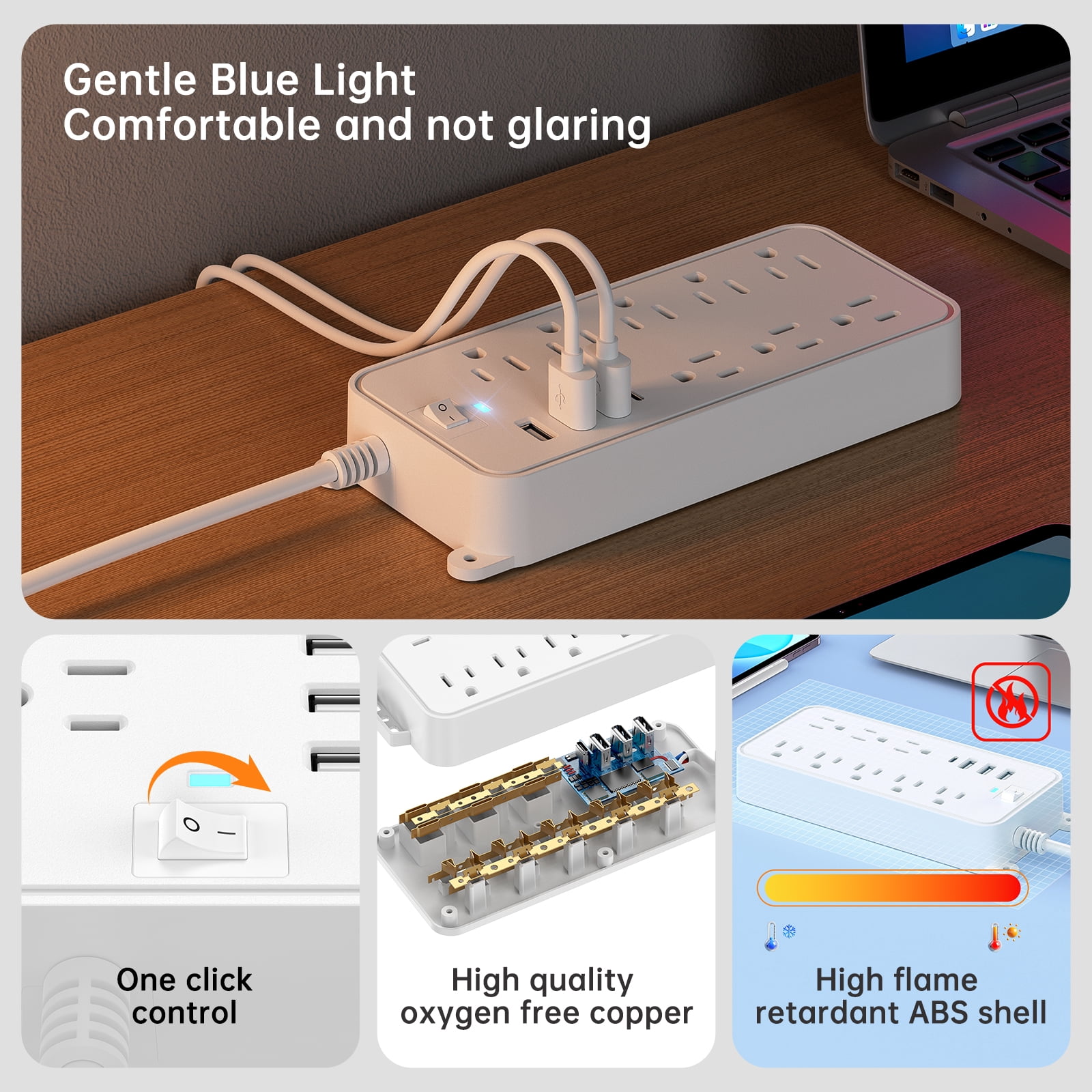 BEISHINK 12 - Socket Surge Protector Power Cord with 4 USB Ports - 4 - Foot Extension Cord, Plug and Computer - Safe White