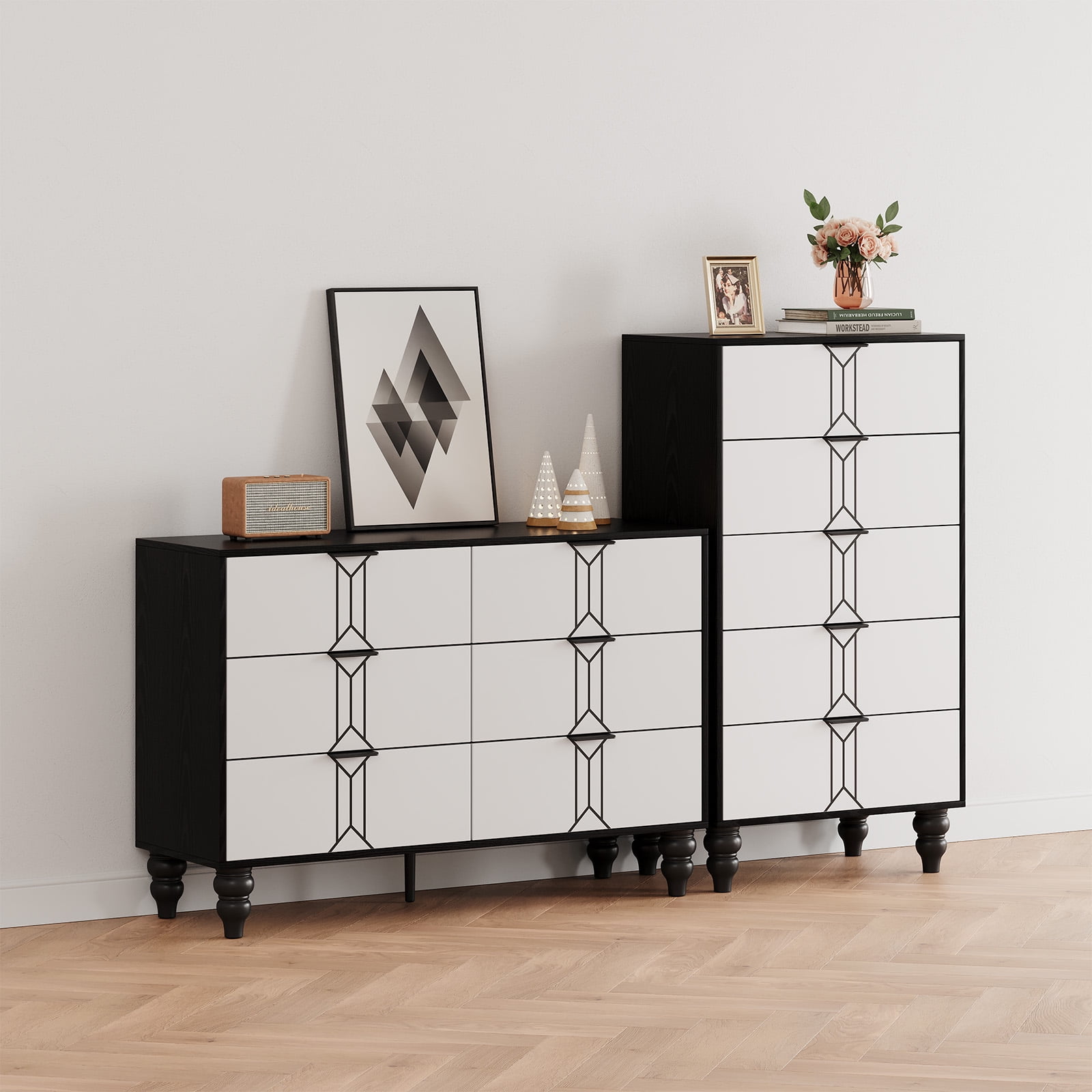 Homhougo Dresser for Bedroom 6 Drawer, Wood Organizer Storage Cabinet with Vintage Pattern Design, Chest of Drawers for Closet, Living Room, Hallway, Nursery, Kids Bedroom, Black+White
