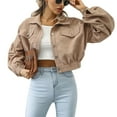 thumbnail image 2 of Defitshape Women's Long Sleeve Crop Jacket Soft JacketsTravel Corduroy Fashion Button Drop Shoulder Outerwear Khaki Large, 2 of 4