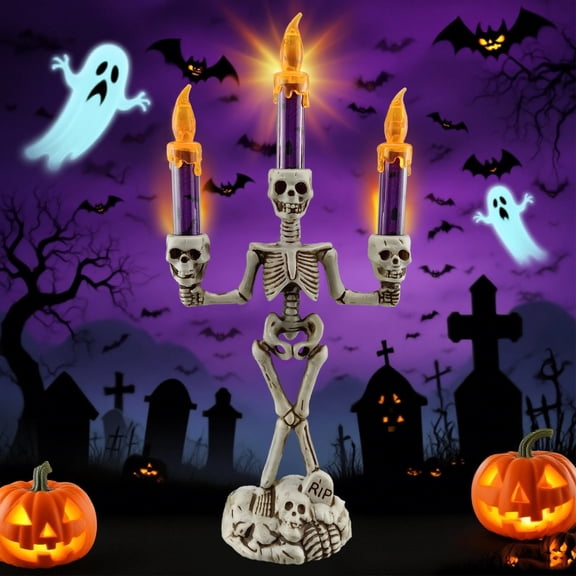Clearance Under $5.66! Skeleton Candelabra Candle Holder, LED Light Up Halloween Decoration for Home Tabletop