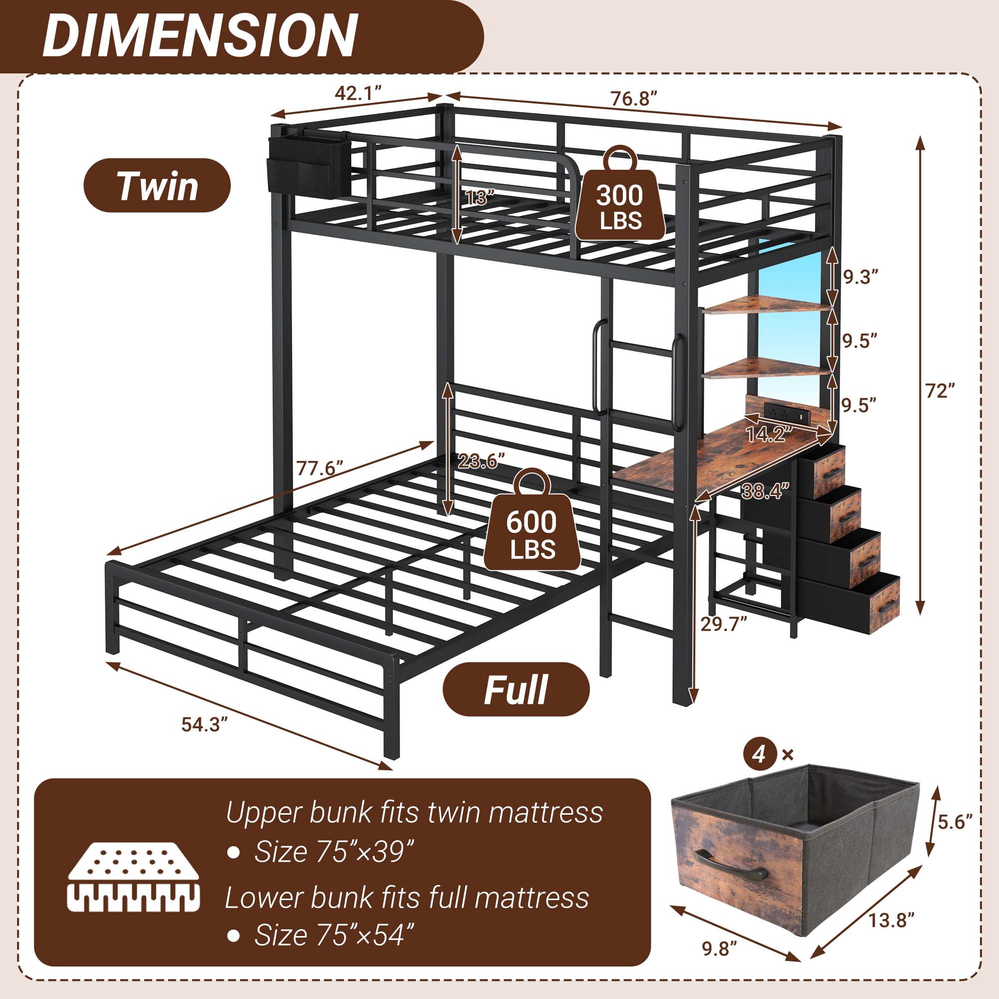 Miniyam Twin over Full Metal Bunk Bed with Desk and Storage, White