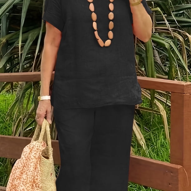 Conjunto De Dos Piezas De Talla Grande Para Outfits Casuales, Conjunto De Dos Piezas De Blusa De Manga Corta Sólida Con Cuello En V Y Pantalones Anchos De Pierna Ancha Para Mujeres De Talla Grande