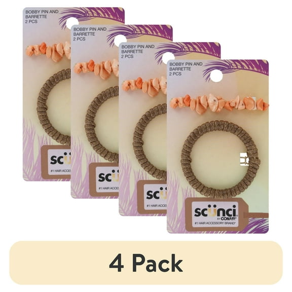 (4 pack) Scunci by Conair Bobby Pin and Barrette Set, 2-Piece, Natural Stone Design and Woven Elastic Accent, Secure Hold for All Hair Types