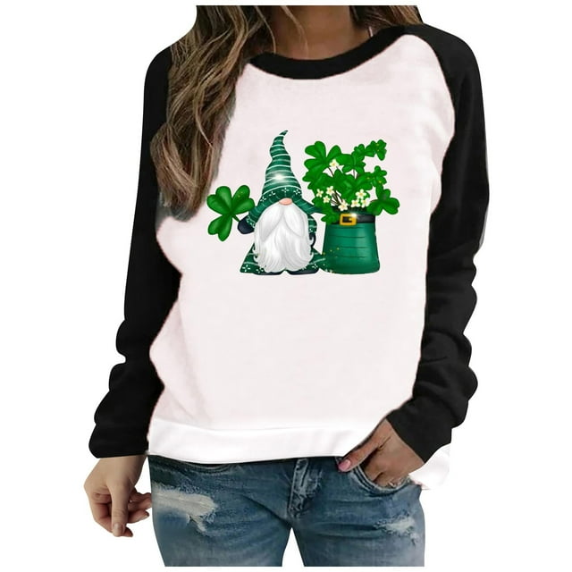 QIPOPIQ T-Shirts à Manches Longues à Col Rond pour Femmes T-Shirts de la Saint-Patrick T-Shirt Imprimé Trèfle de la Saint-Patrick T-Shirt Vert Porte-Bonheur T-Shirts de la Saint-Patrick Hauts T-Shirts à Col Rond Offres de Chemises des Fêtes