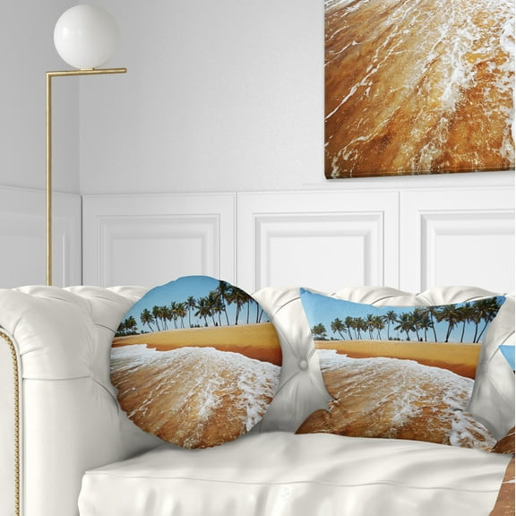 Designart Beautiful Beach with Row of Palms - Seascape Throw Pillow - 12x20