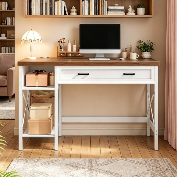 Farmhouse Small Desk with Drawers, 40" Computer Desk with Storage Shelves, White Writing Desk for Small Space and Power Outlet, Desk for Bedroom, Home Office