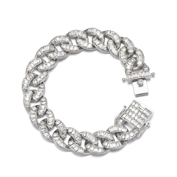 FEEL STYLE Male Lump Zircon Silver Plated Cuban Chain Bracelet for Men Teen 15MM 7"