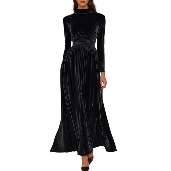 Women's Velvet Maxi Dress Long Puff Sleeve Crew Neck Elastic High Waist Party Bridesmaid Dresses For Casual Everyday Wear