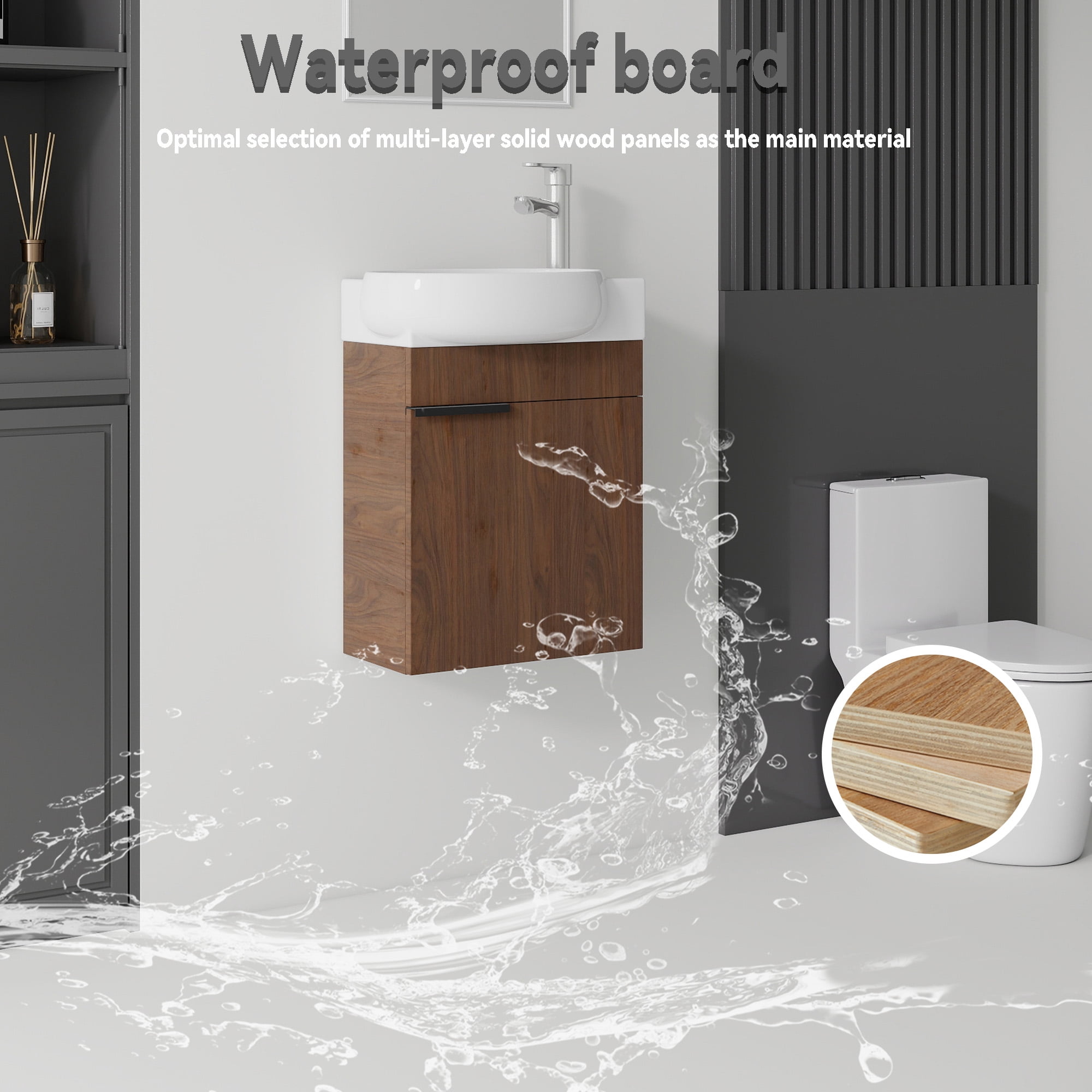 Leumius 16" Wall-Mount Bathroom Vanity Cabinet with with Ceramic Sink & Soft‑Close Doors for Small Space,Bathrooms,Brown