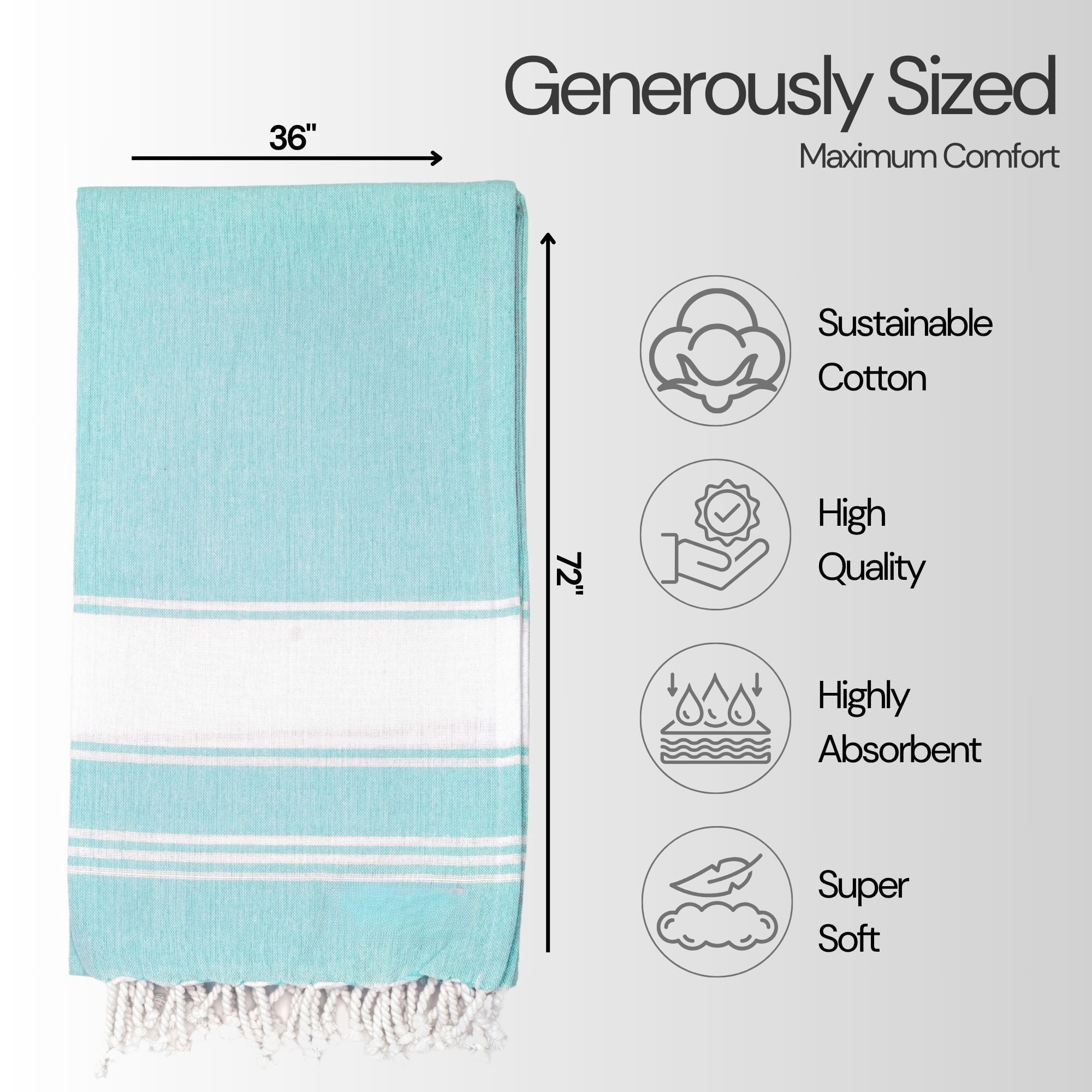 Top Cotton Cotton Turkish Beach Towel - 36” x 72”- Pack of 4 Large, Bathroom, Beach Essentials, Gym, Quick Dry for Shower, Lightweight Large Towels for All (Aqua)